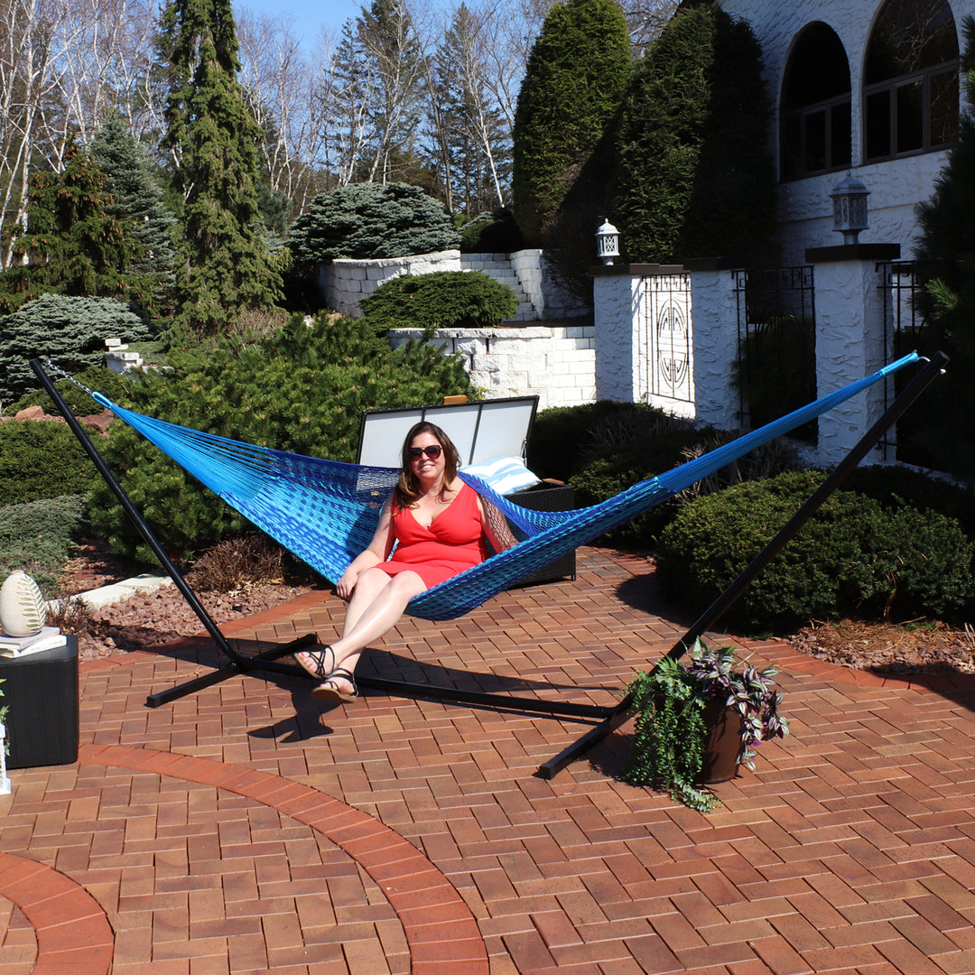 Sunnydaze 2-Person Woven Cotton/Nylon Hammock with Steel Stand - Blue Image 8