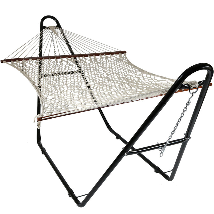 Sunnydaze Large Cotton Hammock with Universal Steel Stand - Calming Desert Image 1