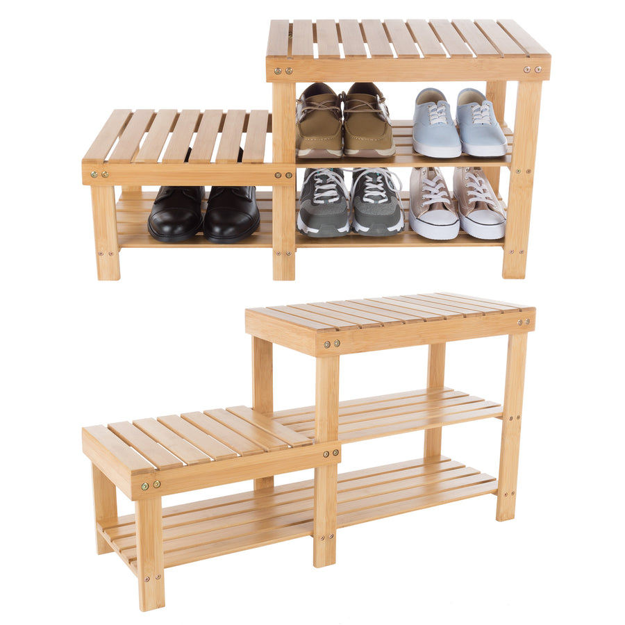 Bamboo Shoe Rack Bench 2 Tier Natural Wood 33x18 Inch Space Saving Storage Image 1