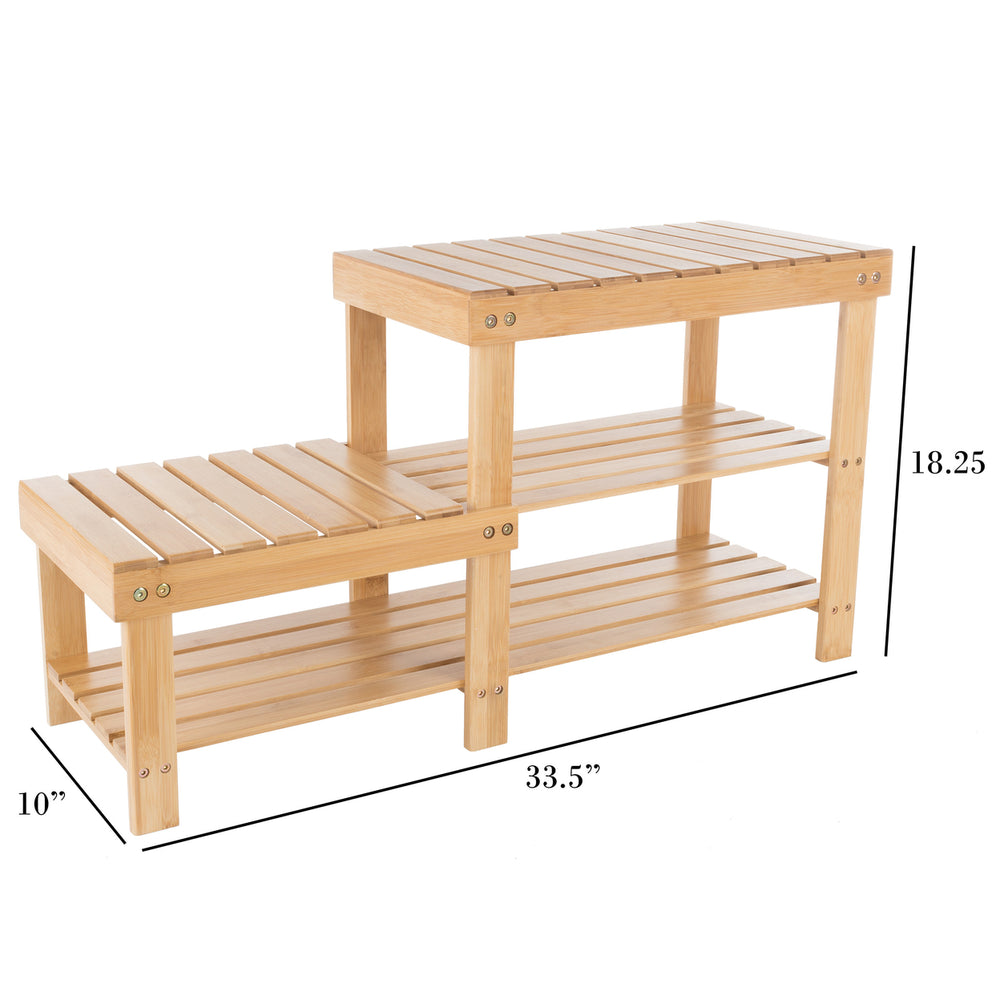 Bamboo Shoe Rack Bench 2 Tier Natural Wood 33x18 Inch Space Saving Storage Image 2