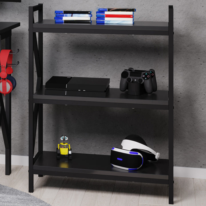 3-Shelf Black Bookcase Console Table Carbon Fiber Finish K-Shaped Legs 25.25"x11.75" Image 1