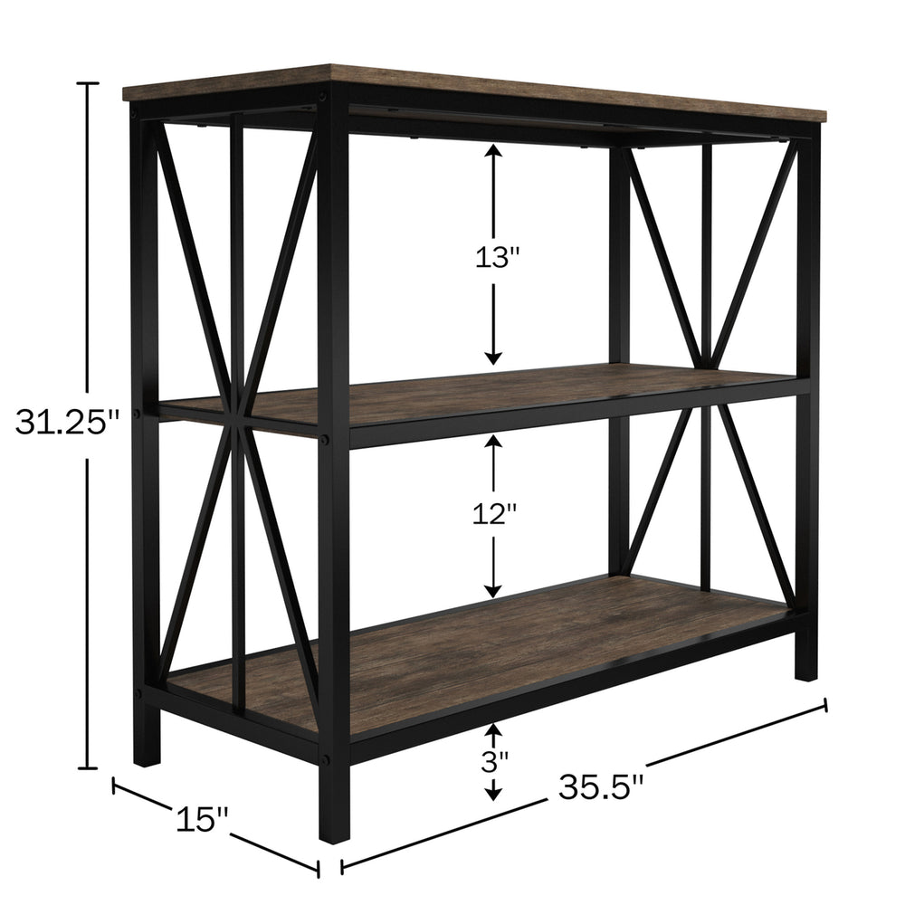 3-Tier Industrial Wooden Bookshelf Etagere Brown 35.5 Inch Freestanding Shelving Image 2