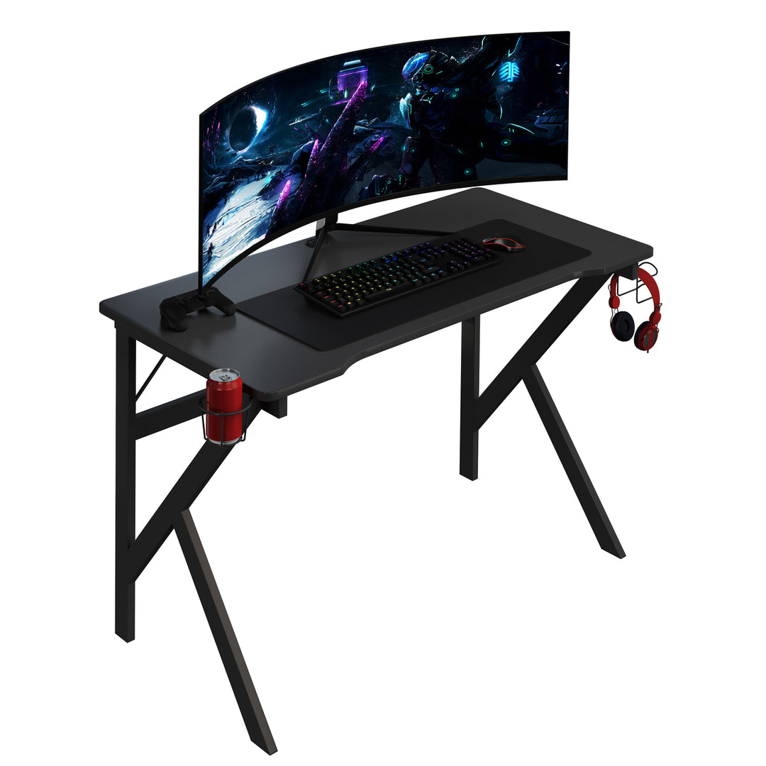 Computer Desk with Cup Holder, Headphones Hanger, K Legs, Cable Mgmt, Black Image 1