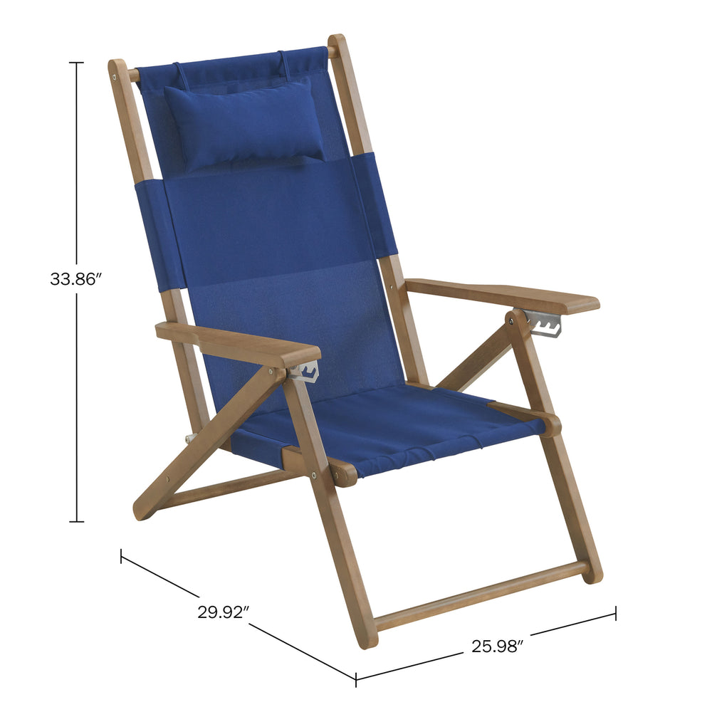 Beach Chair Wood Folding Chair 4-Position Reclining Seat Beach Essentials, Blue Image 2