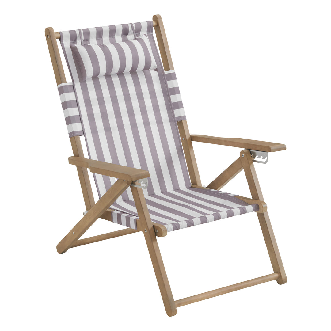 Wood Folding Beach Chair 4-Position Reclining Waterproof Eucalyptus Taupe 300lbs Image 1