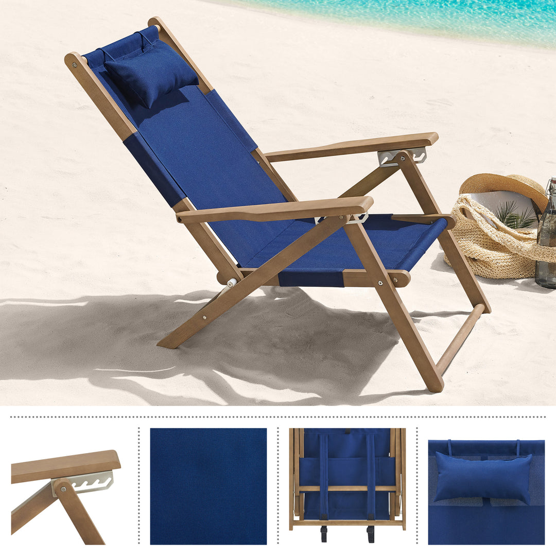 Wood Folding Beach Chair Blue 4-Position Reclining Weather-Resistant Eucalyptus Image 3