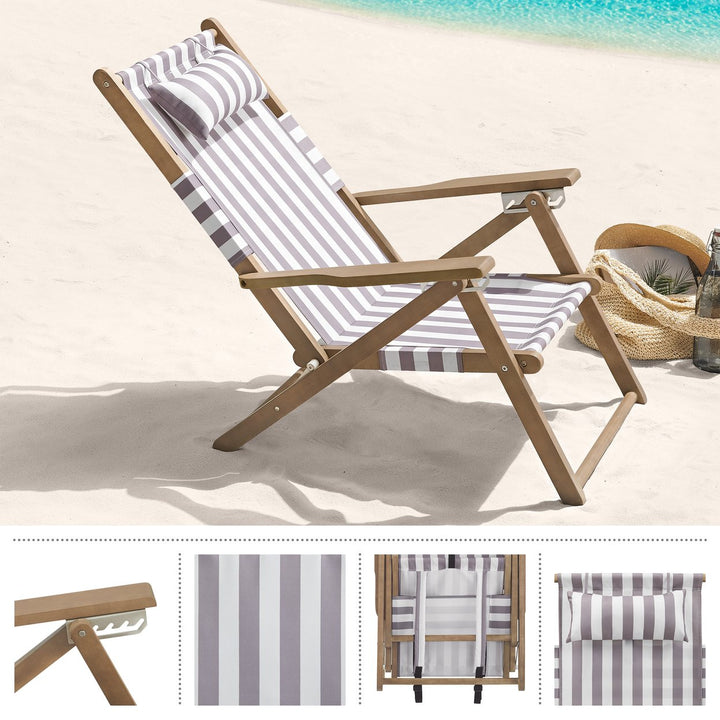 Wood Folding Beach Chair 4-Position Reclining Waterproof Eucalyptus Taupe 300lbs Image 3