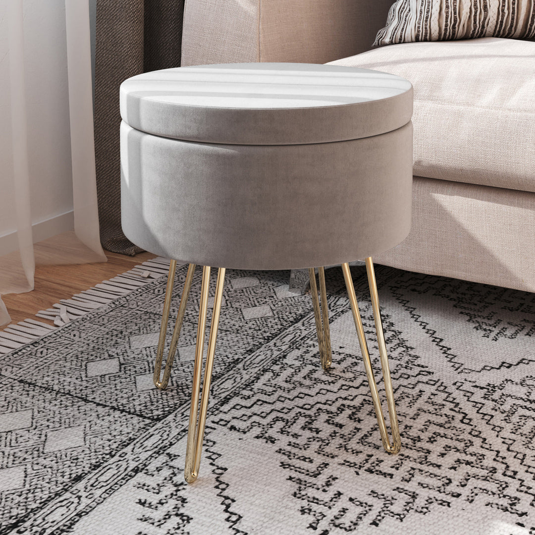 Round Storage Ottoman Foot Stool with Faux Velvet Exterior Hairpin Legs Image 1