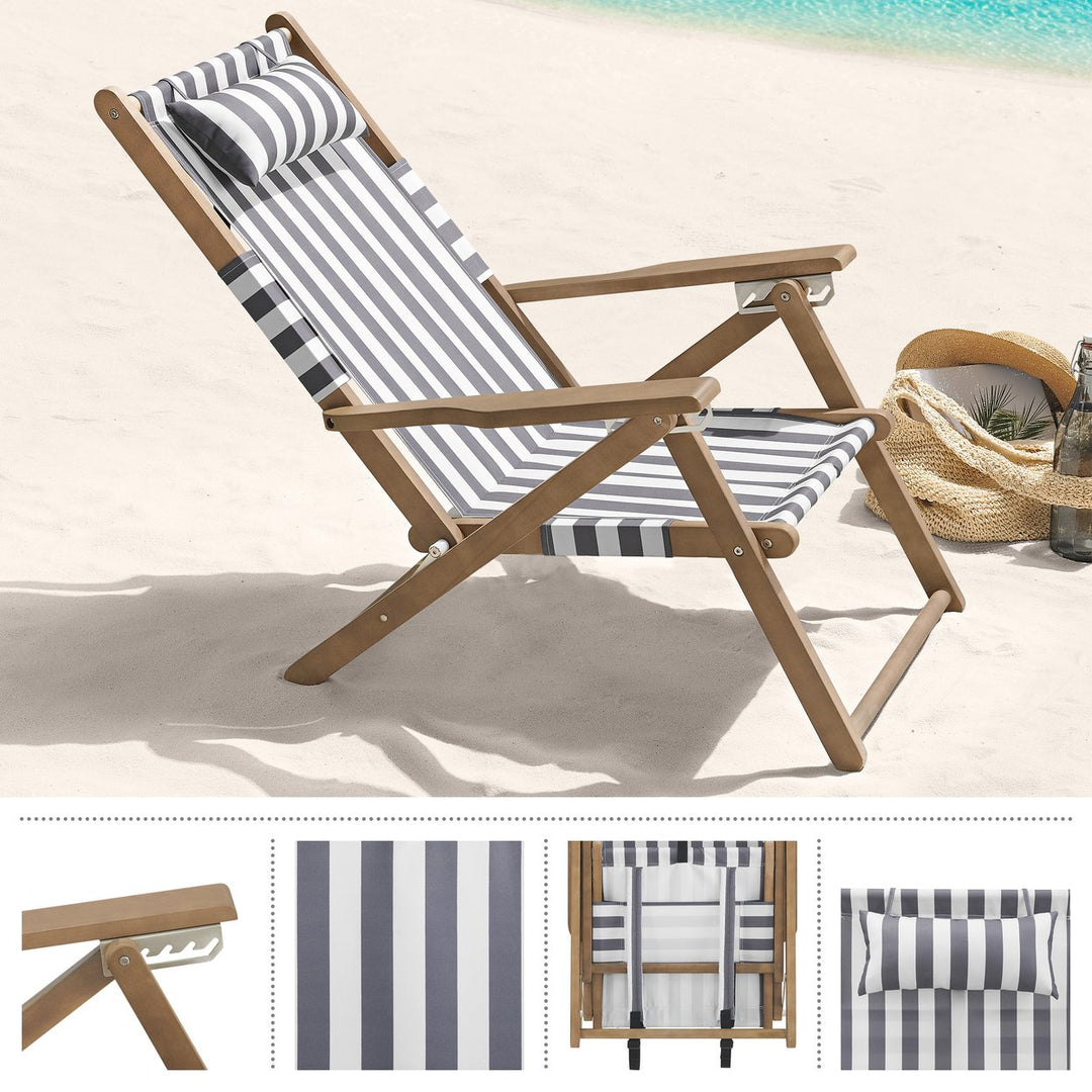 Beach Chair Wood Folding Chair 4-Position Reclining Seat Beach Essentials, Gray Image 3