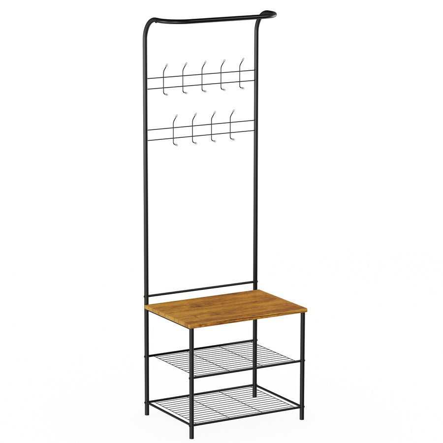 Entryway Storage Rack Metal Hall Tree with Bench, 9 Coat Hooks and Shoe Storage Image 1