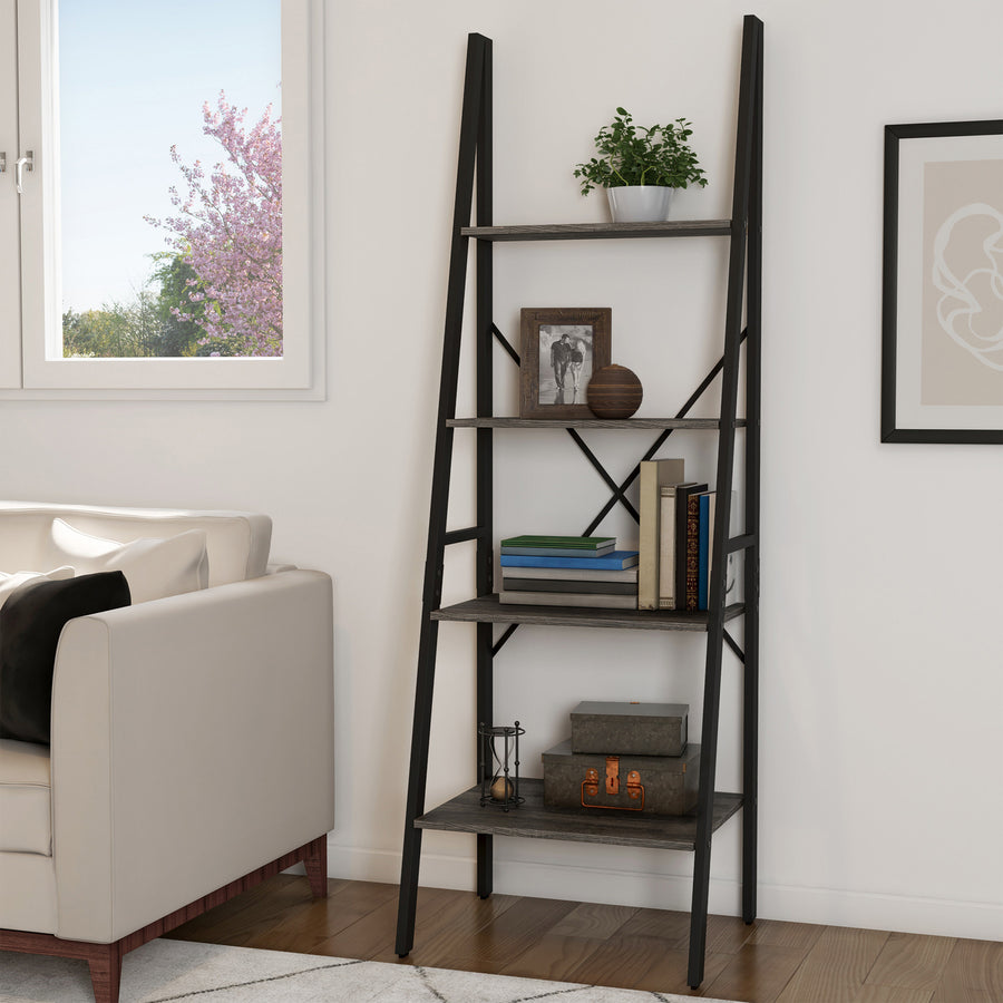 4-Tier Wooden Ladder Bookshelf Freestanding Gray Etagere Bookcase 70.5" Tall Image 1