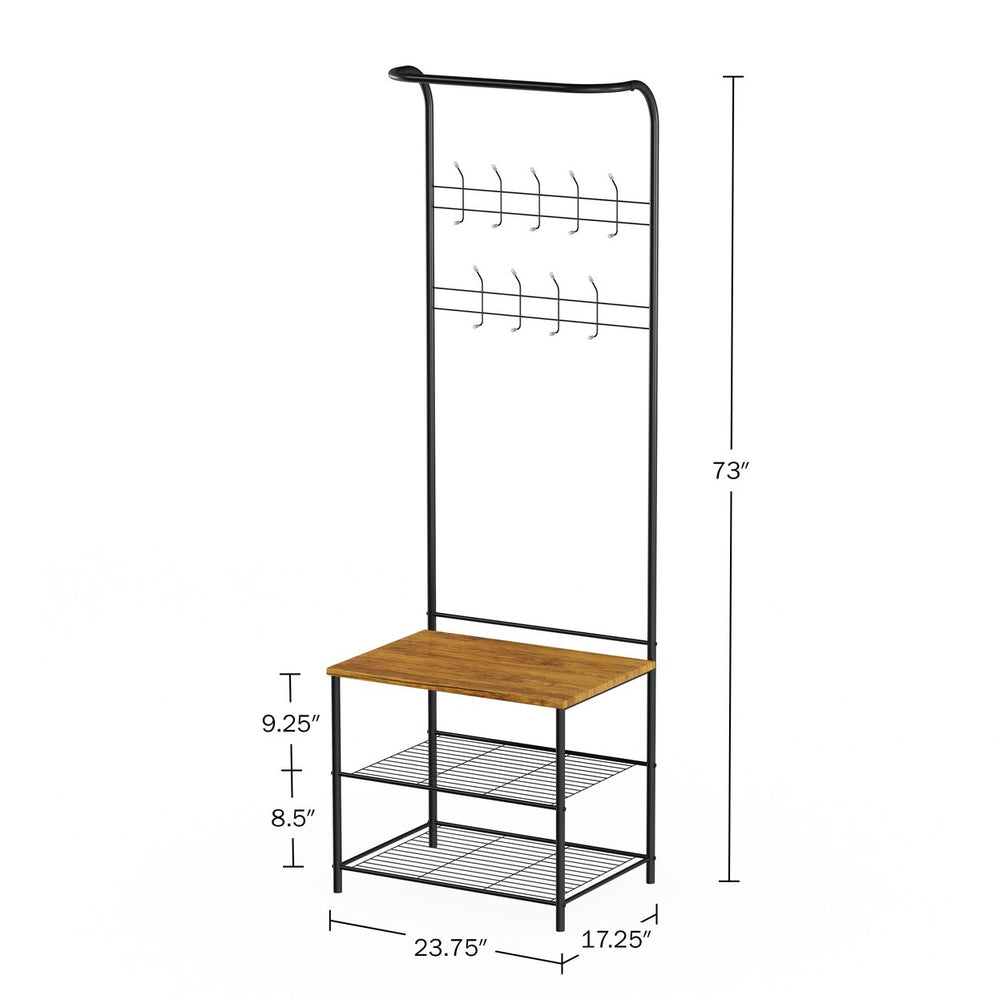 Entryway Storage Rack Metal Hall Tree with Bench, 9 Coat Hooks and Shoe Storage Image 2