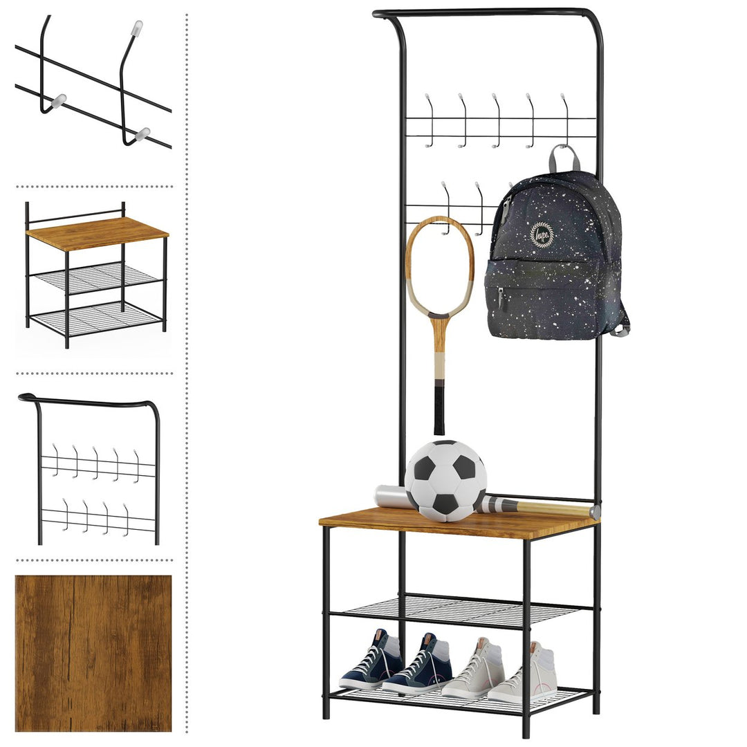 Entryway Storage Rack Metal Hall Tree with Bench, 9 Coat Hooks and Shoe Storage Image 3