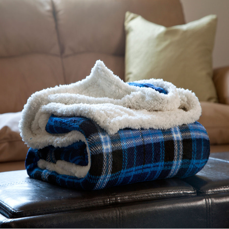 Lavish Home Fleece Sherpa Blanket Throw - Blue Plaid 50 x 60 Inches Image 1