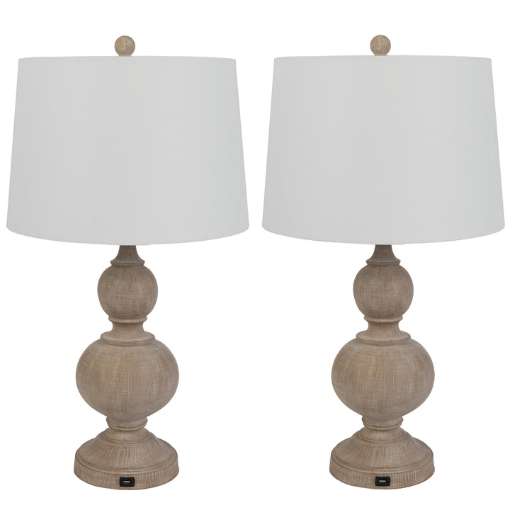 Set of 2 Table Lamps USB Charging Ports LED Bulbs Living Room Decor Whitewash Image 1