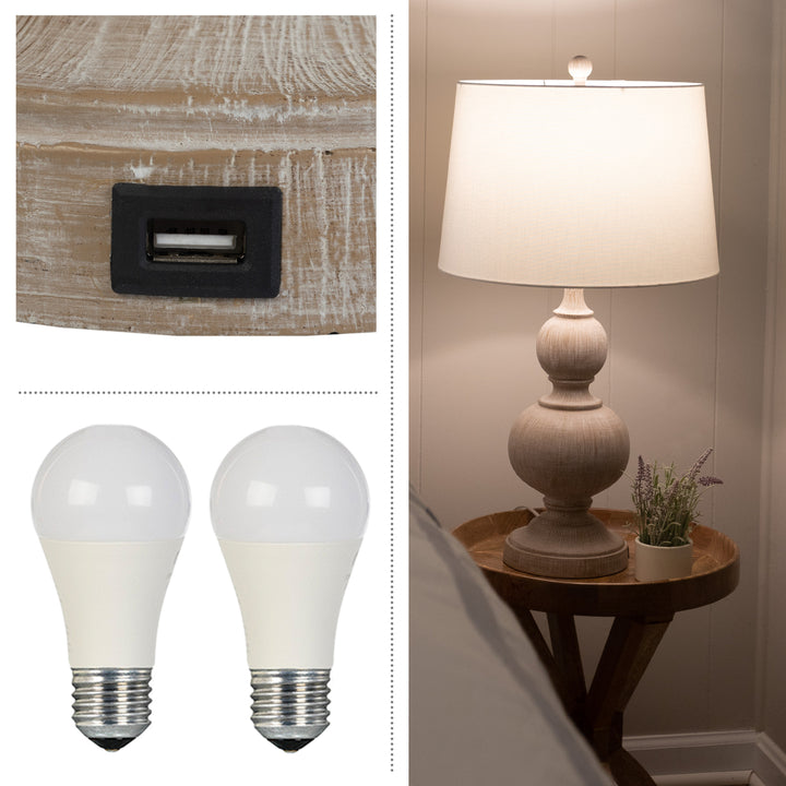 Set of 2 Table Lamps USB Charging Ports LED Bulbs Living Room Decor Whitewash Image 3