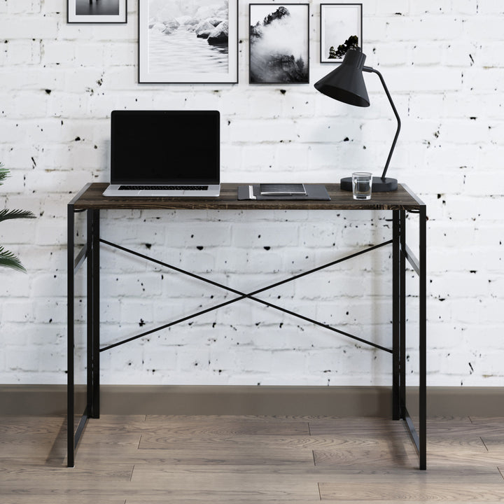 Folding Computer Desk Modern Desk Style Wood Steel for Home Office, Gray-Brown Image 1