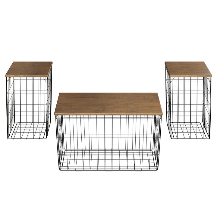 3 Piece Living Room Table Set Brown Black Metal Basket Storage Removable Lids Image 1