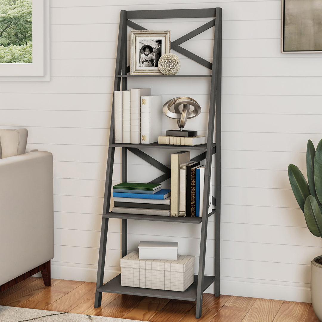 Bookcase Display 4 Shelf Wooden Ladder Style 56 In Tall Gray Image 1