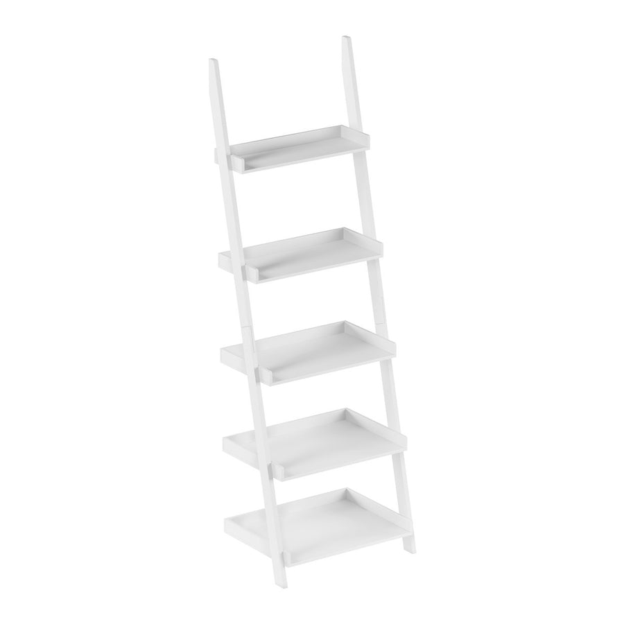 White Ladder Bookshelf 5-Tier Leaning Shelf 22x17x69 Modern MDF Storage Unit Image 1