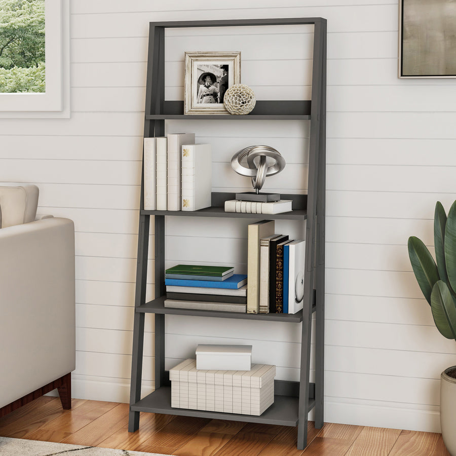 Gray 4 Tier Ladder Bookshelf Freestanding Wooden Bookcase 24 x 13 x 55in MDF Image 1