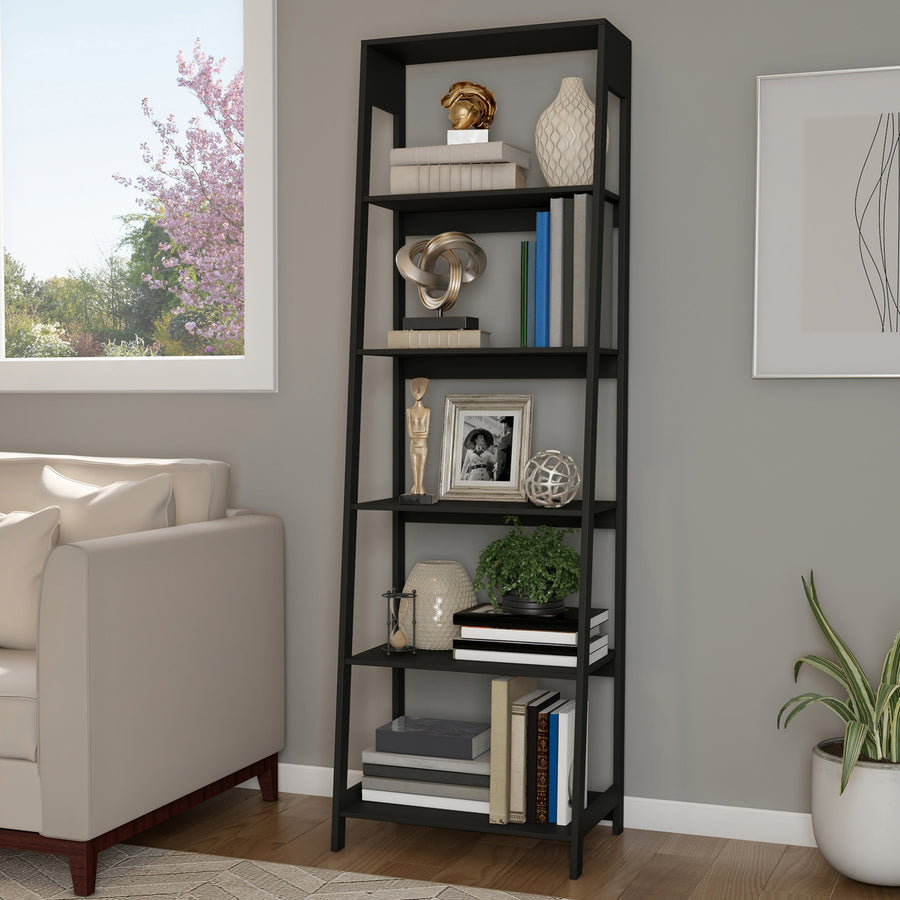 5-Tier Ladder Bookshelf - Freestanding Wooden Bookcase Decorative Shelves Image 1