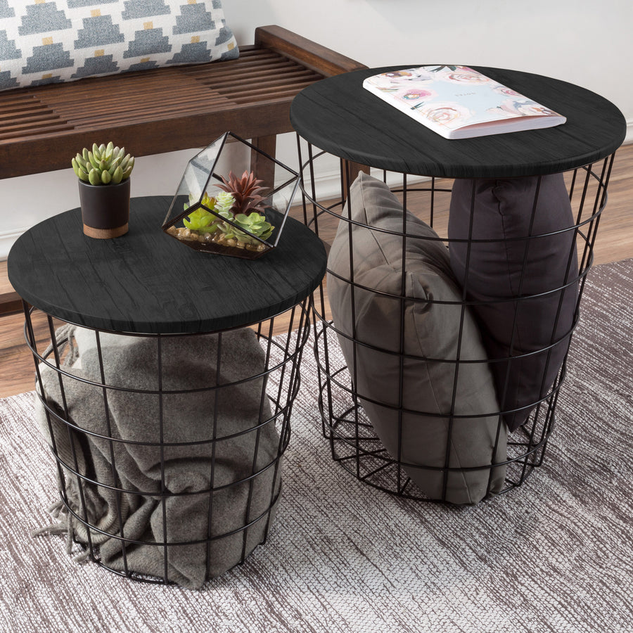 Nesting End Tables Metal Basket MDF Black Top Storage Furniture Accent Decor Image 1
