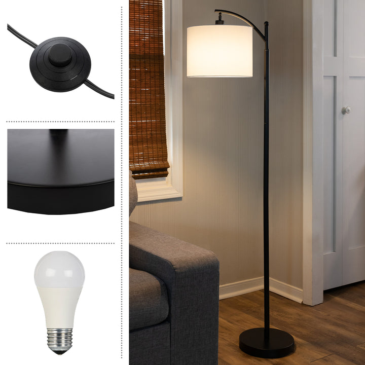 Black 63in Tall Floor Lamp Modern Linen Shade LED Bulb Metal Base Image 3