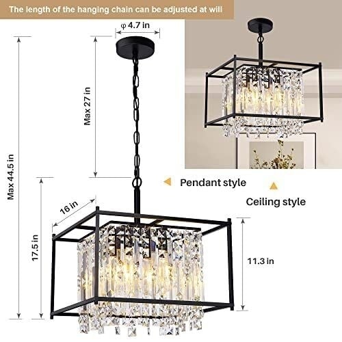 KINGTORO Chandelier Dining Room Light Fixture 16 Inches Square Crystal Image 3