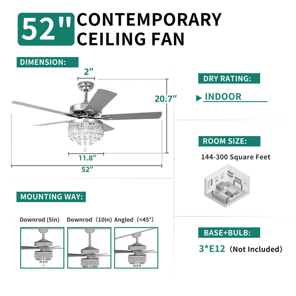 TAUS Modern Crystal Ceiling Fan Light w/ Remote Control 3-speed Chandelier Lamp 52" Image 2