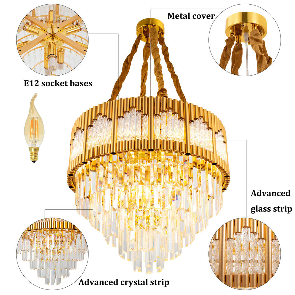 23.6 Gold Large Crystal Chandeliers for Dining Room Bedroom Entryway Foyer Round Image 2