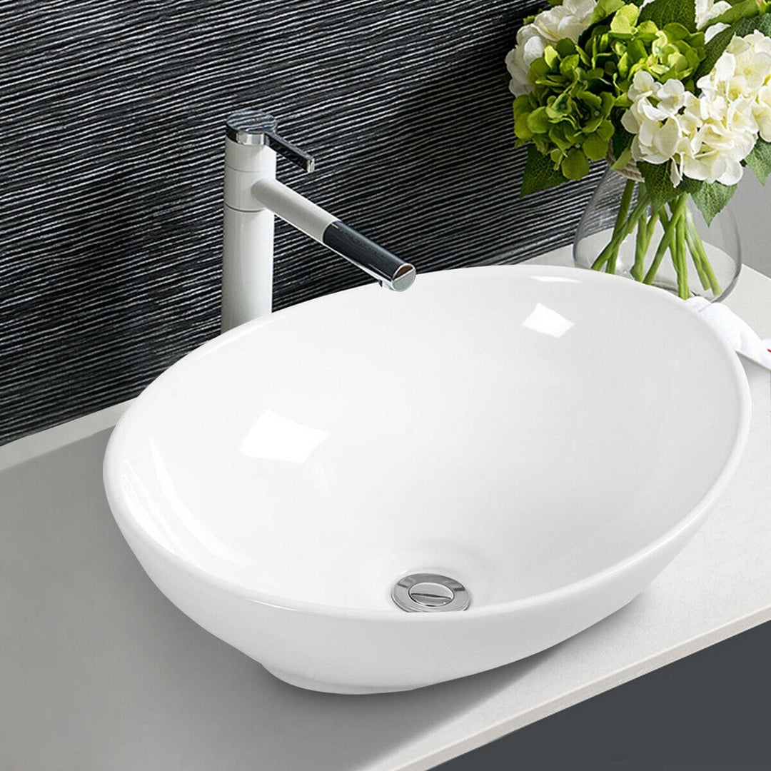 Oval Bathroom Basin Ceramic Vessel Sink Bowl Vanity Porcelain w/ Pop Up Drain Image 10