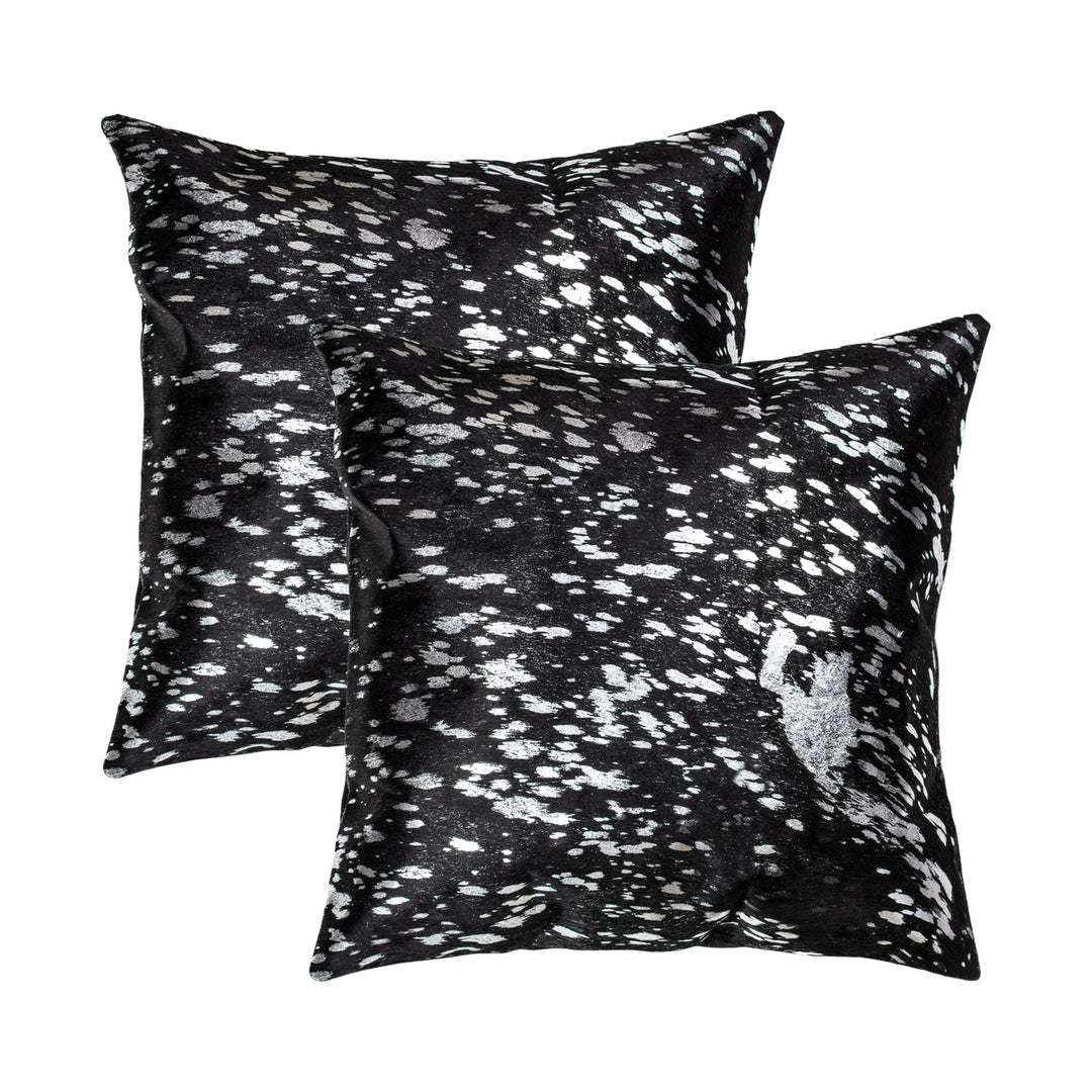 Natural Torino Cowhide Pillow 2-Piece Black Silver 18x18 Soft Indian Leather Image 1