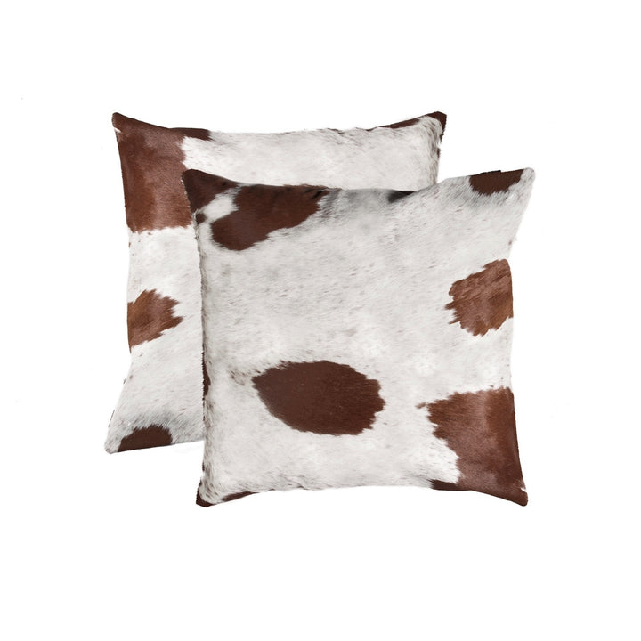 Torino Cowhide Pillow 2-Piece Set White Brown Indian Leather Decor 18x18 Image 3