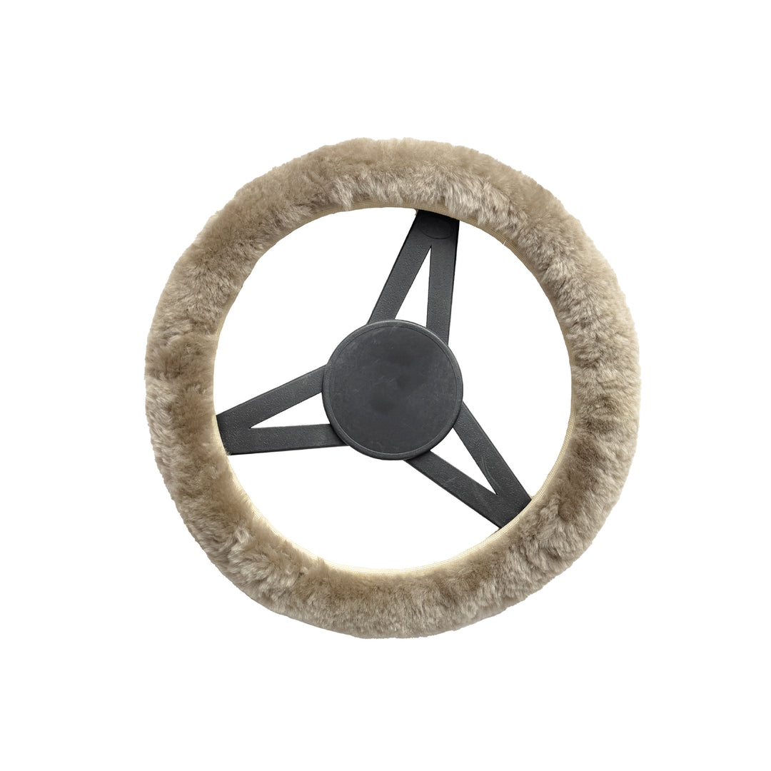 Natural Sheepskin Steering Wheel Cover Taupe 14-16 Inch Universal Fit Image 1