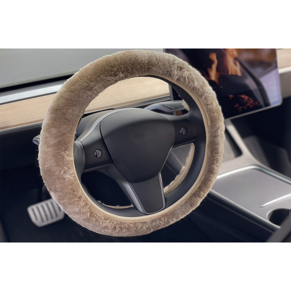 Natural Sheepskin Steering Wheel Cover Taupe 14-16 Inch Universal Fit Image 2