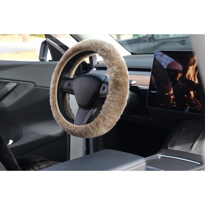 Natural Sheepskin Steering Wheel Cover Taupe 14-16 Inch Universal Fit Image 3