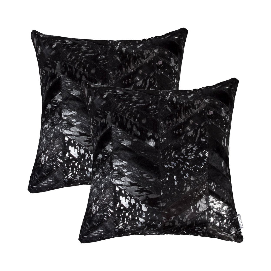 Torino Chevron Cowhide Pillow Set 2-Piece Black Natural 100% Indian Leather 20x20 Image 3