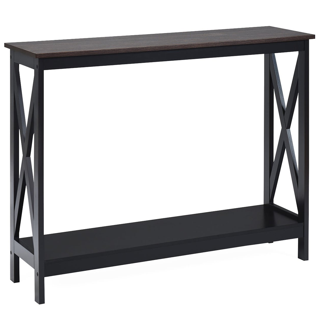 Costway 2-Tier Console Table x-Design Bookshelf Sofa Side Accent Table w/Shelf White\ Black\Espresso\Wood Grain Image 1