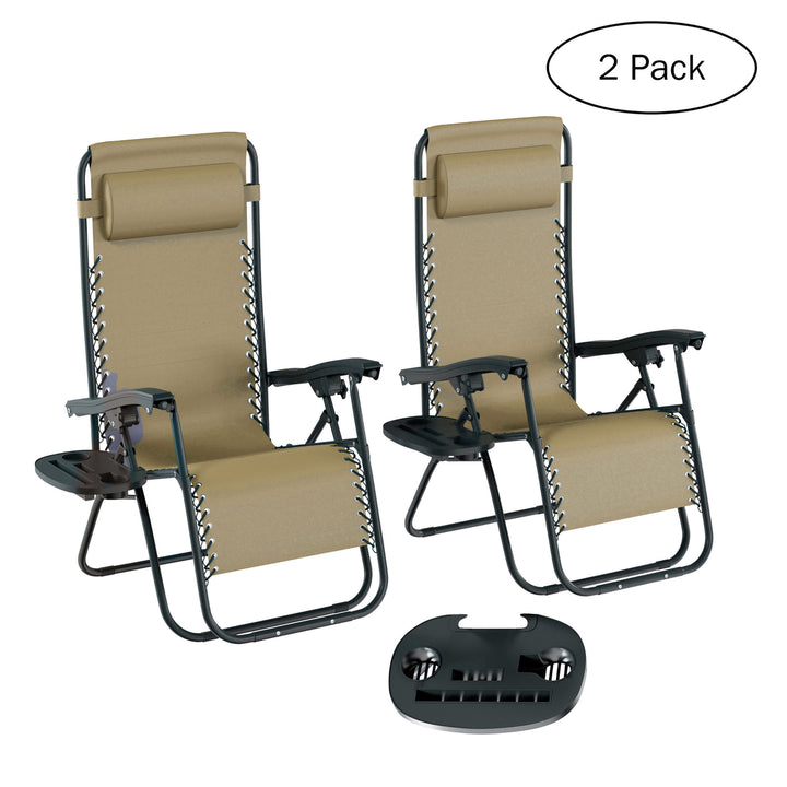 2 Pack Beige Folding Lounging Chairs Set Zero Gravity Patio Beach 300lbs Capacity Image 1