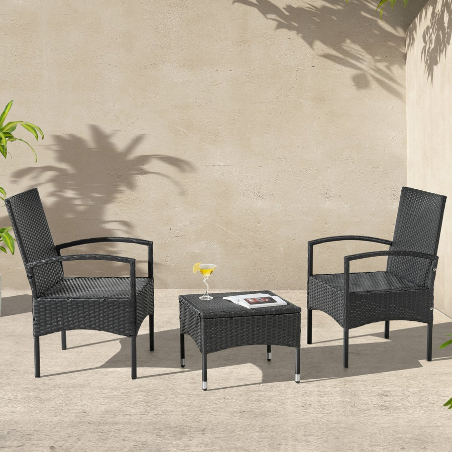 Outdoor Patio Furniture Set 3pc Rattan Seating Combo 2 Chairs and Table, Black Image 1