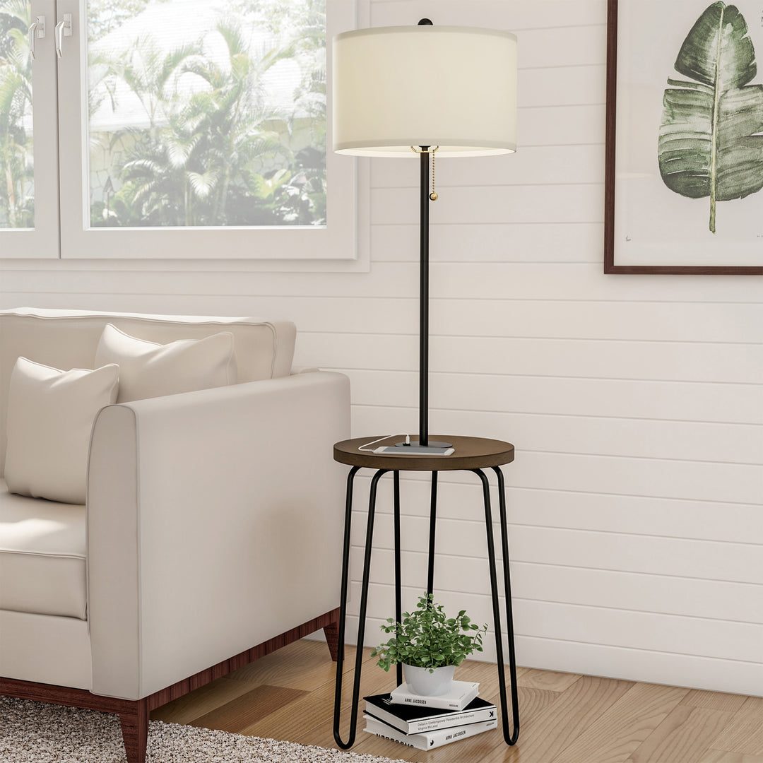 End Table Floor Lamp with USB Charging Port Metal Hairpin Legs Off-White Shade Image 1