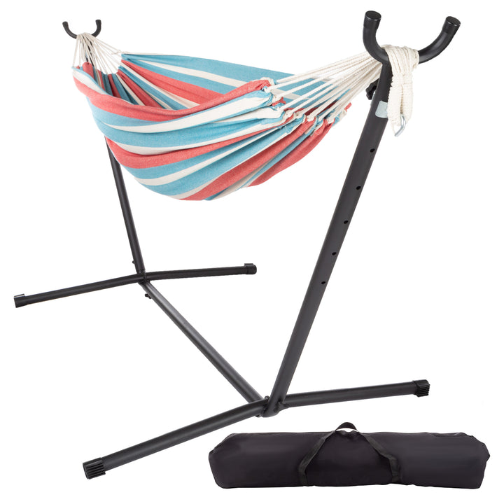 2 Person Hammock with Stand Woven Cotton Blue Red Tan 450lb Capacity Outdoor Image 1