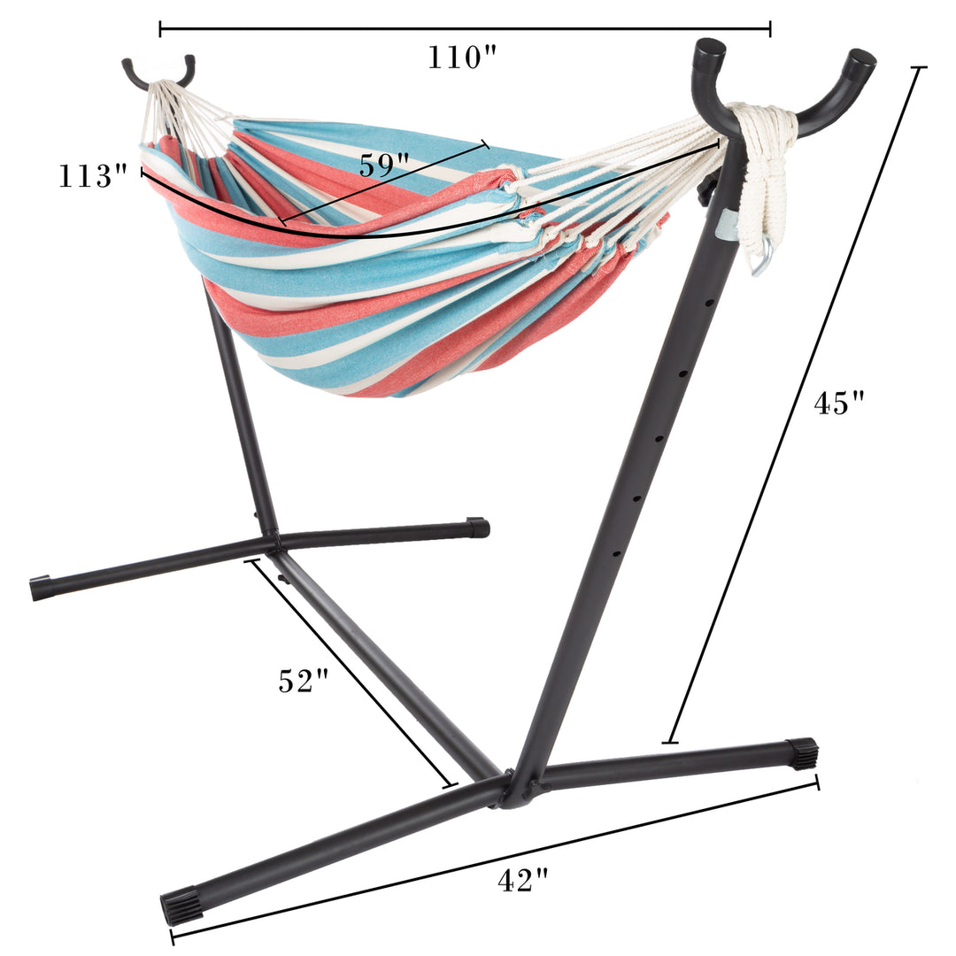 2 Person Hammock with Stand Woven Cotton Blue Red Tan 450lb Capacity Outdoor Image 2