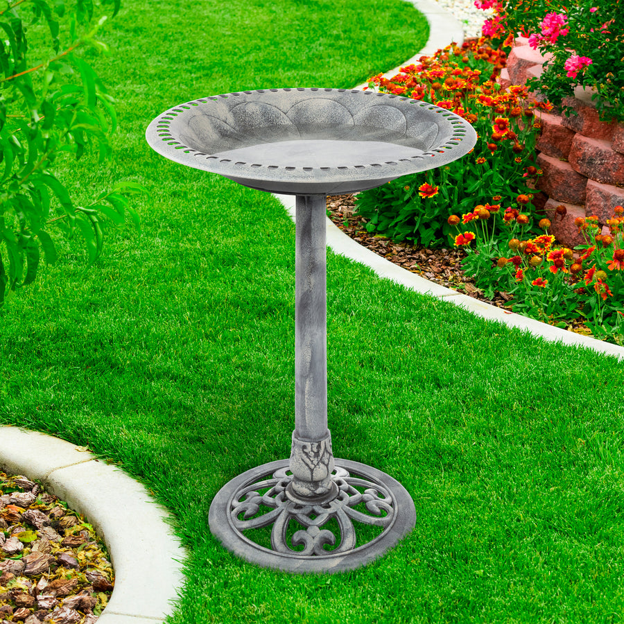 20 Inch Gray Polyresin Outdoor Bird Bath with Scroll Work Design All Season Image 1