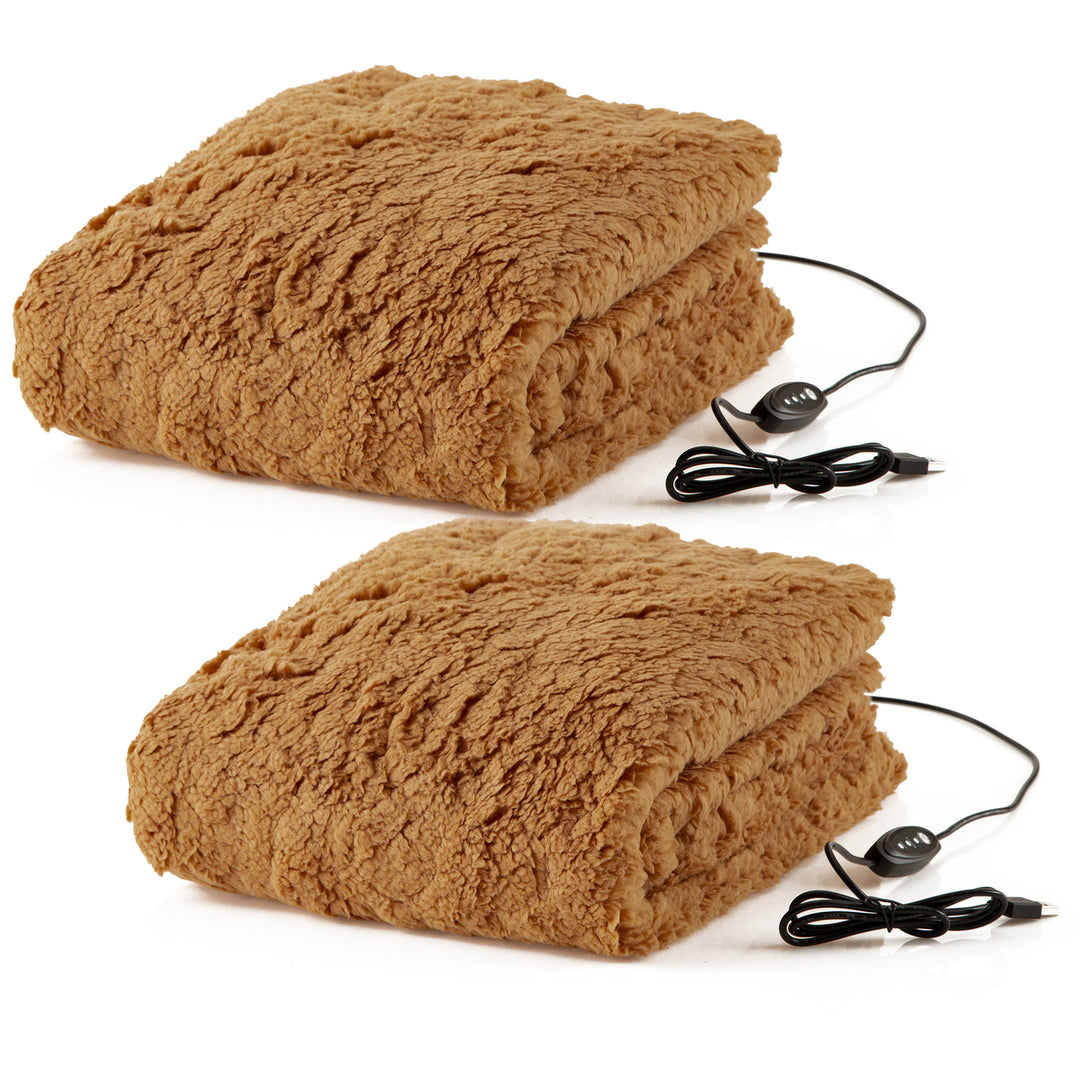 Stalwart USB Heated Blanket 2-Pack Sherpa Throw Bronze 36x25.5 Winter Cozy Image 1