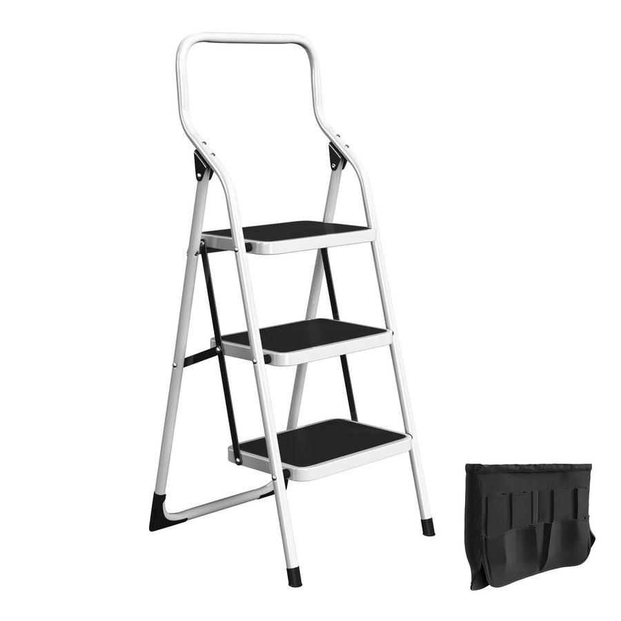 3-Step Folding Ladder Dolly Utility Cart White Steel Handrails 330lbs Capacity Image 1