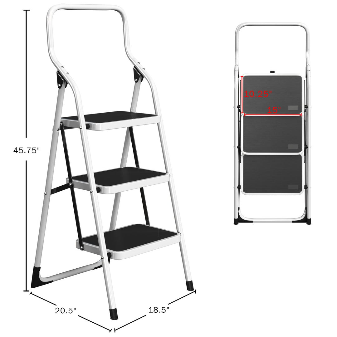 3-Step Folding Ladder Dolly Utility Cart White Steel Handrails 330lbs Capacity Image 2