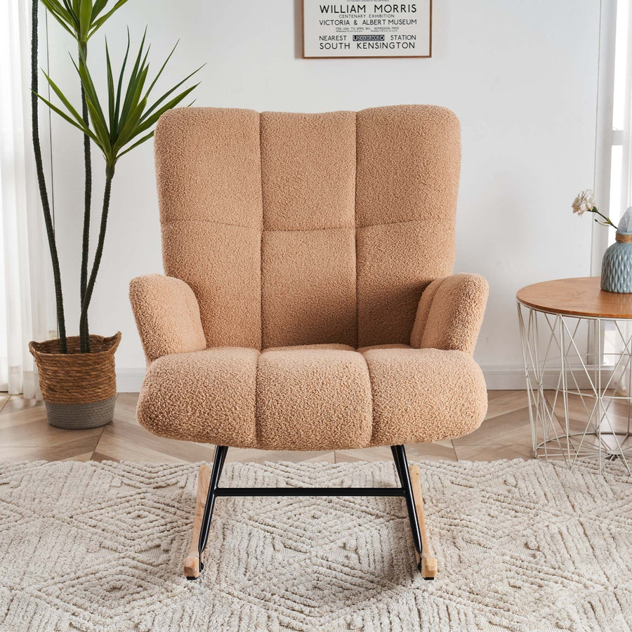 Modern Soft Teddy Glider Rocker with Padded Seat and High Backrest, Rocking Chair Nursery, Comfy Velvet Upholstered Image 1
