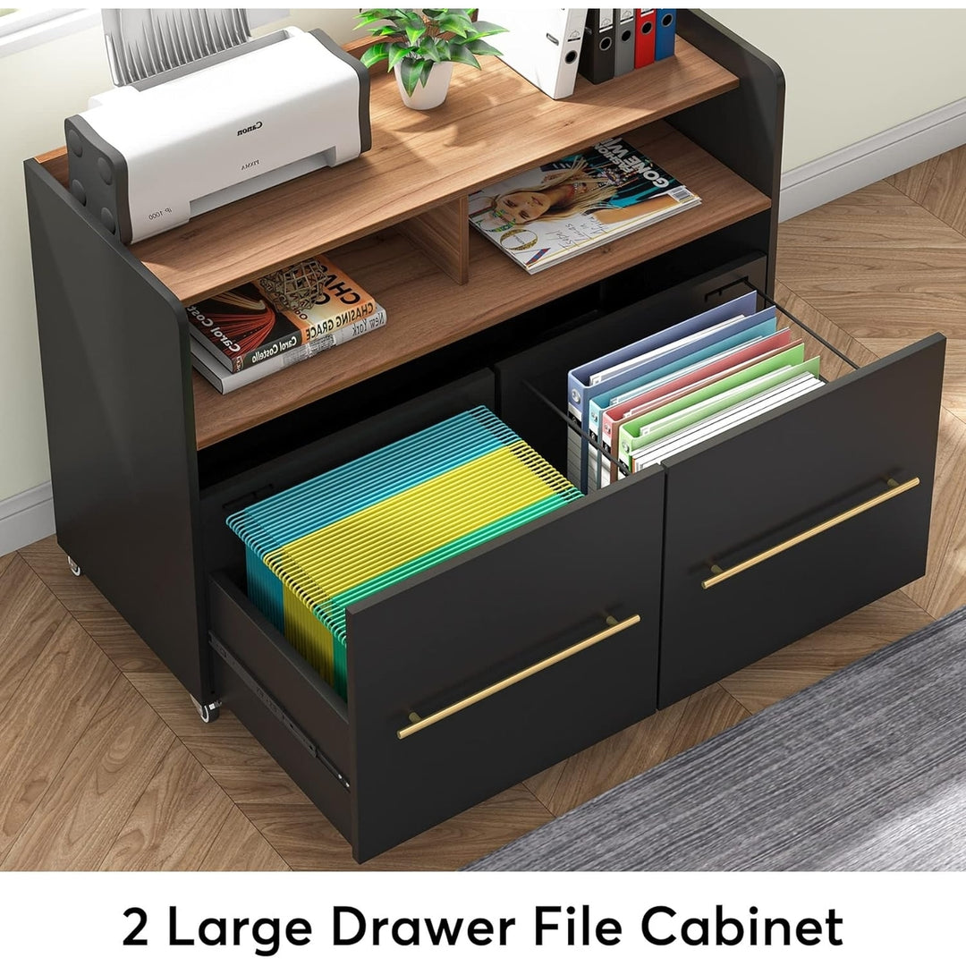 Tribesigns 2 Drawer File Cabinet Grey Wood Rolling Storage Home Office 39.37"W Image 2